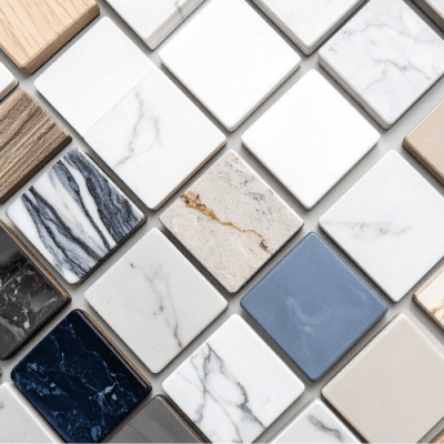 exponering av olika sten kakel material som kan skäras med vattenskärning.